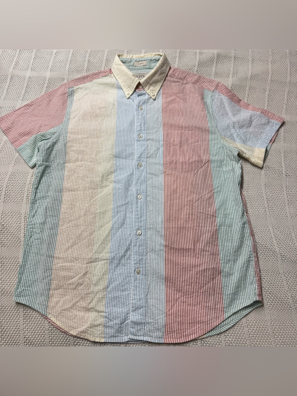 J Crew Men’s Multicolor Seersucker Striped Short-Sleeve Button-Up Shirt